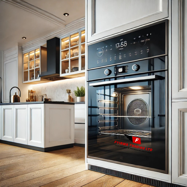 Kitchen Appliances with Black glass built-in oven with touch controls in a stylish kitchen. FYIRWA TRADING LTD