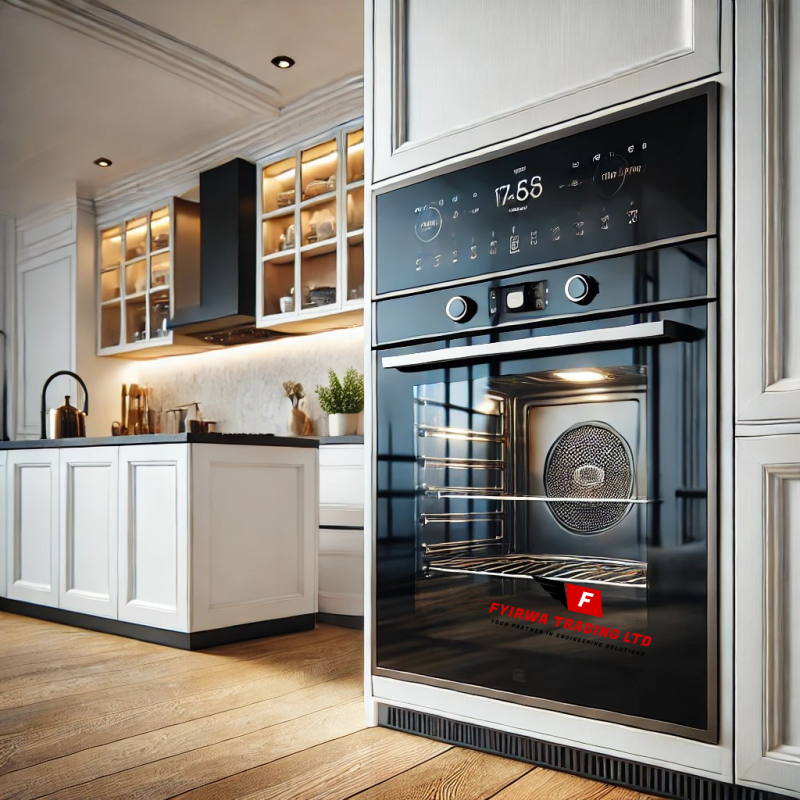 Black glass built-in oven with touch controls in a stylish kitchen. FYIRWA TRADING LTD