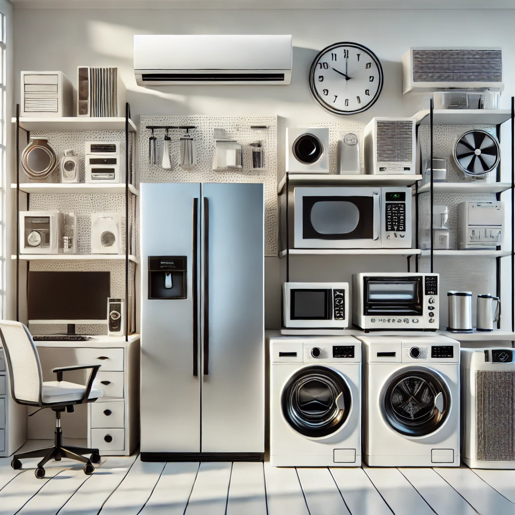A Realistic Image Displaying A Collection Of Home And Office Appliances Arranged Neatly In A Modern Showroom. The Scene Includes A Refrigerator, Microwave, AC, Oven, Fan, Cooker,...at FYIRWA TRADING Ltd