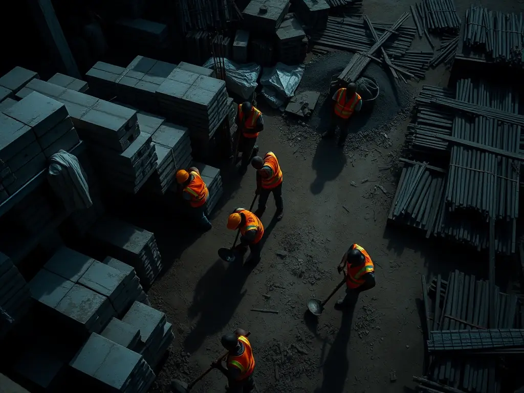 A high-angle shot of a construction site in Kigali, Rwanda, with workers using various tools and materials. The focus is on the organized layout of materials and the efficient workflow.