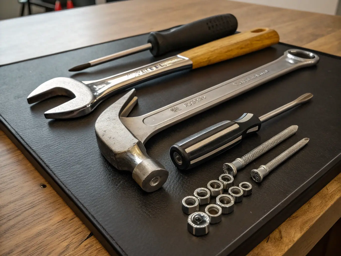 A close-up shot of various power tools neatly arranged on a workbench, showcasing their quality and precision. The background includes a blurred workshop environment.