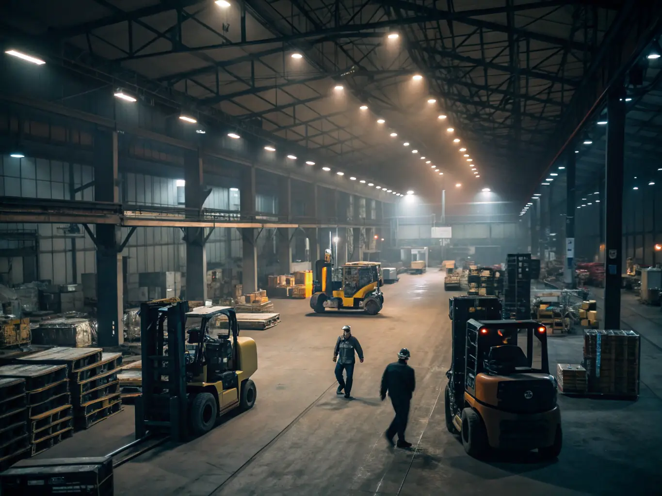 A wide shot of a warehouse filled with shelves of organized engineering materials and equipment. Forklifts are moving materials, and workers are overseeing the operations.