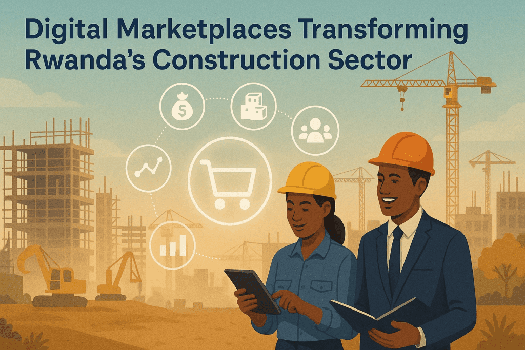 Wide-angle digital illustration of Rwanda’s future industrial supply chain, showing interconnected logistics, data platforms, and African construction experts.