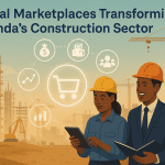 Wide-angle digital illustration of Rwanda’s future industrial supply chain, showing interconnected logistics, data platforms, and African construction experts.