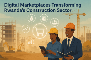 Wide-angle digital illustration of Rwanda’s future industrial supply chain, showing interconnected logistics, data platforms, and African construction experts.