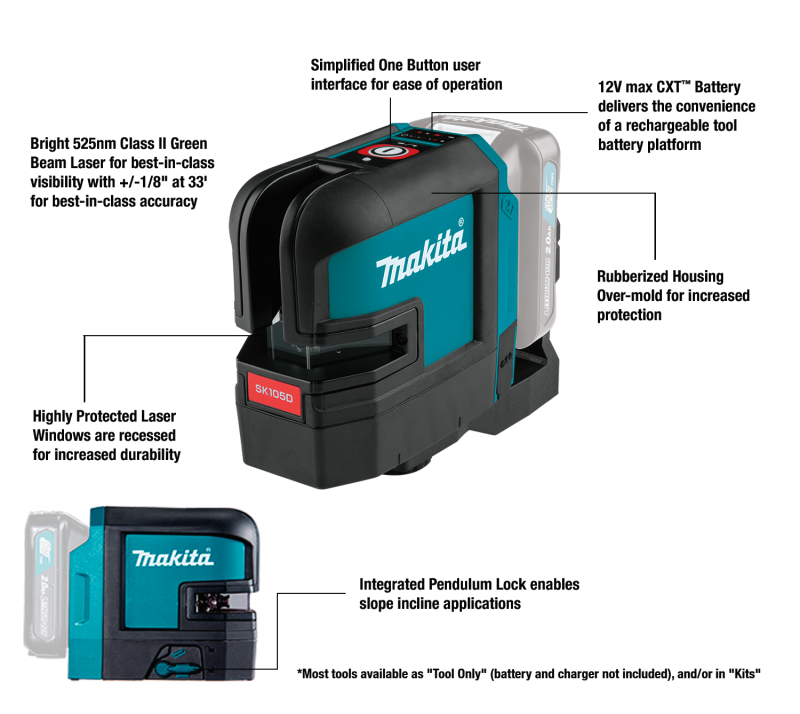 Cordless cross line/point laser with red laser A self-levelling cross line laser with red vertical and horizontal lines that can be used separately or together. Point lasers up and down, left and right. Visibility of 25 metres.