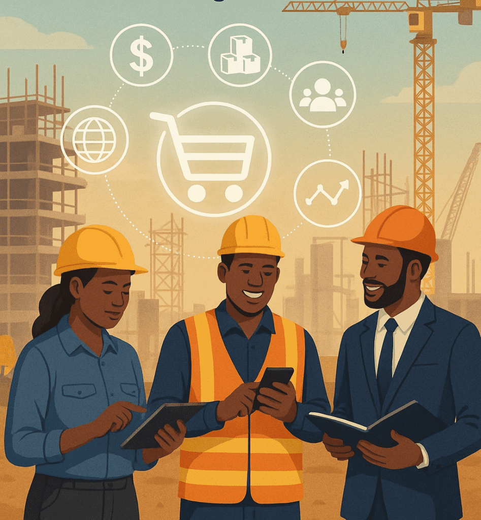 The Future of Construction & Industrial Supply Chains in Rwanda: How Digital Marketplaces Are Transforming Procurement 6 Wide-angle digital illustration of Rwanda’s future of construction & industrial supply chain, showing interconnected logistics, data platforms, and African construction experts.