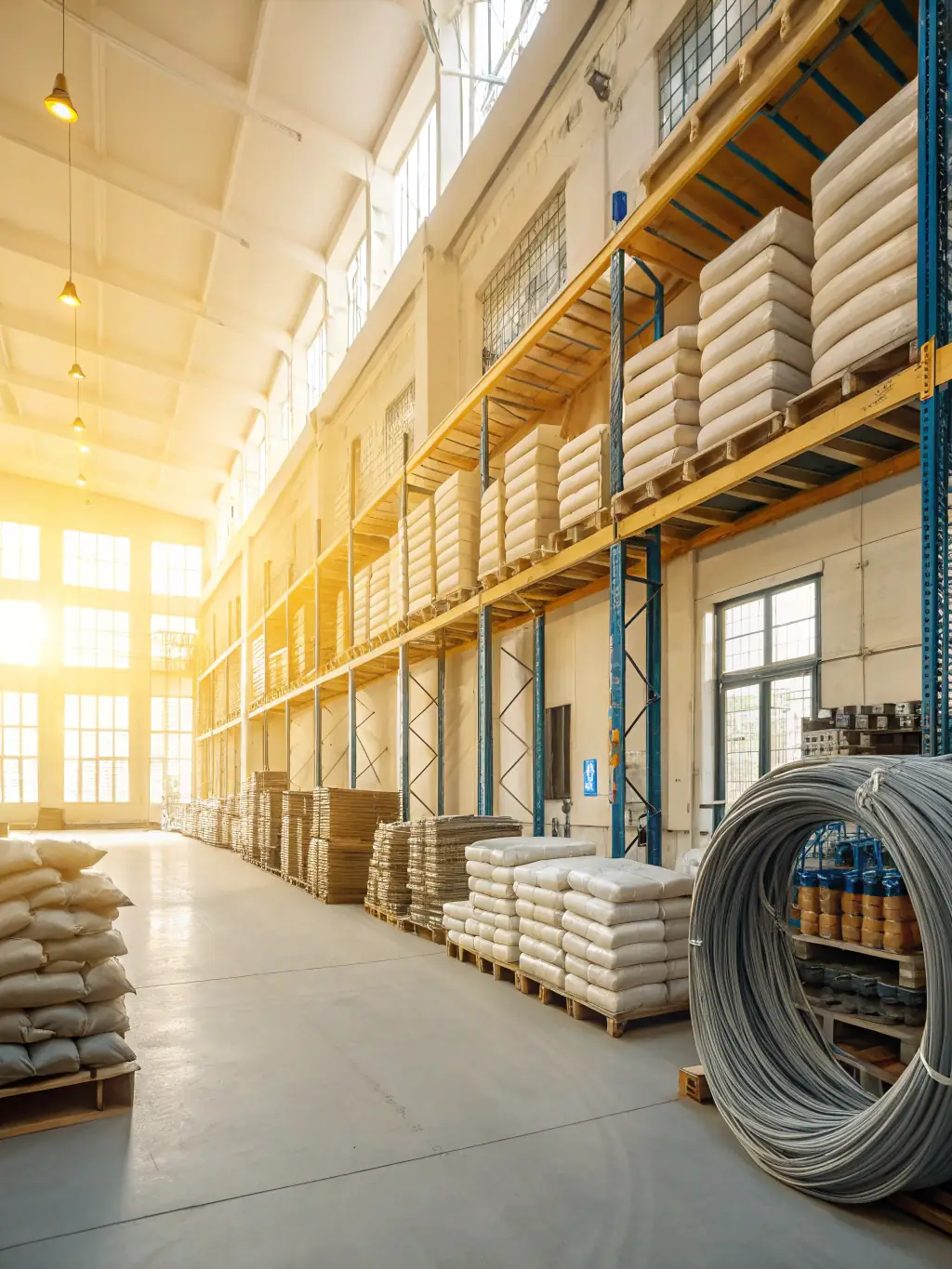 A professional photograph of a well-organized warehouse filled with various engineering materials, showcasing FYIRWA's extensive inventory.
